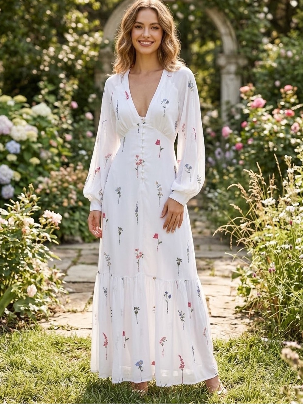ASOS White Floral V-Neck Maxi Dress with Button Front size 6 NWT